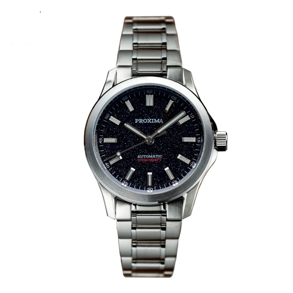 Elegant men's silver wristwatch with black dial and stainless steel band.