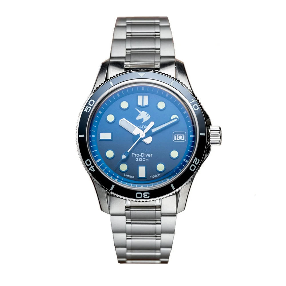 Blue dial diver's watch with luminous markers and date display, perfect for underwater adventures.