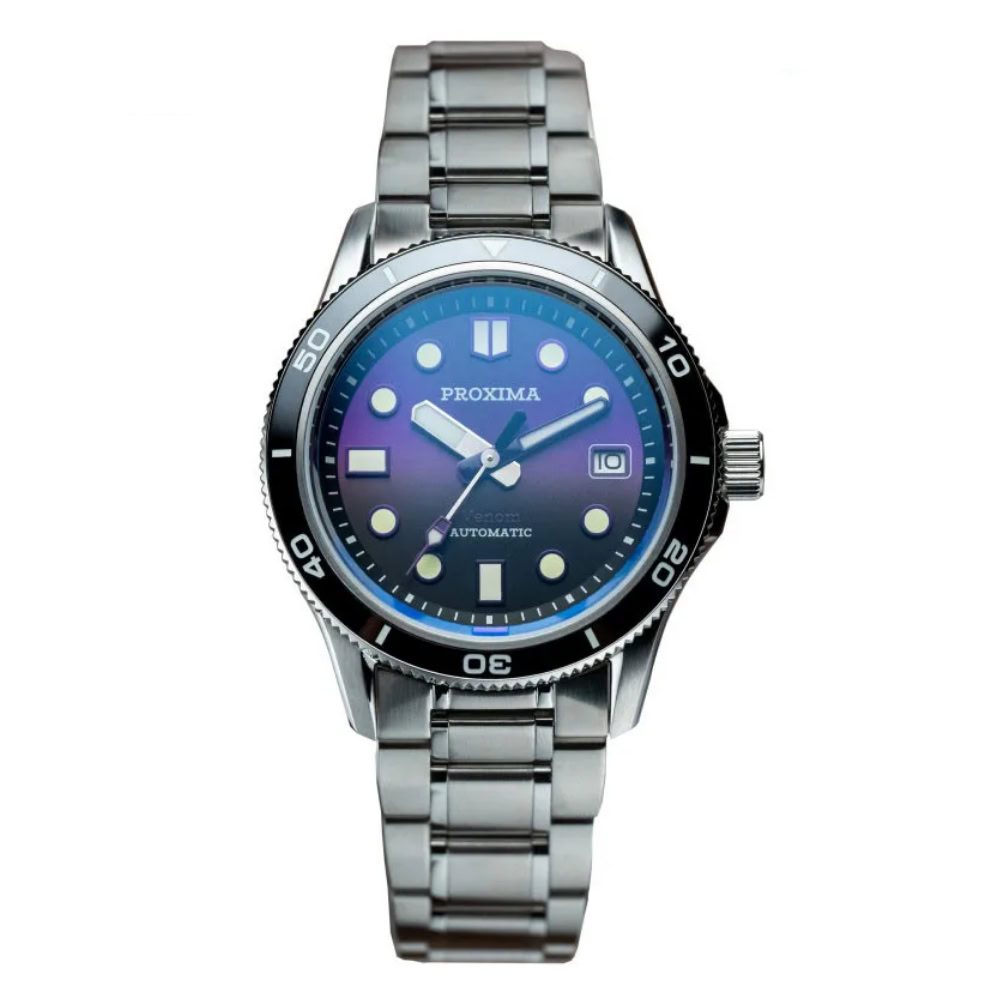 Men's stainless steel dive watch with blue dial and rotating bezel.