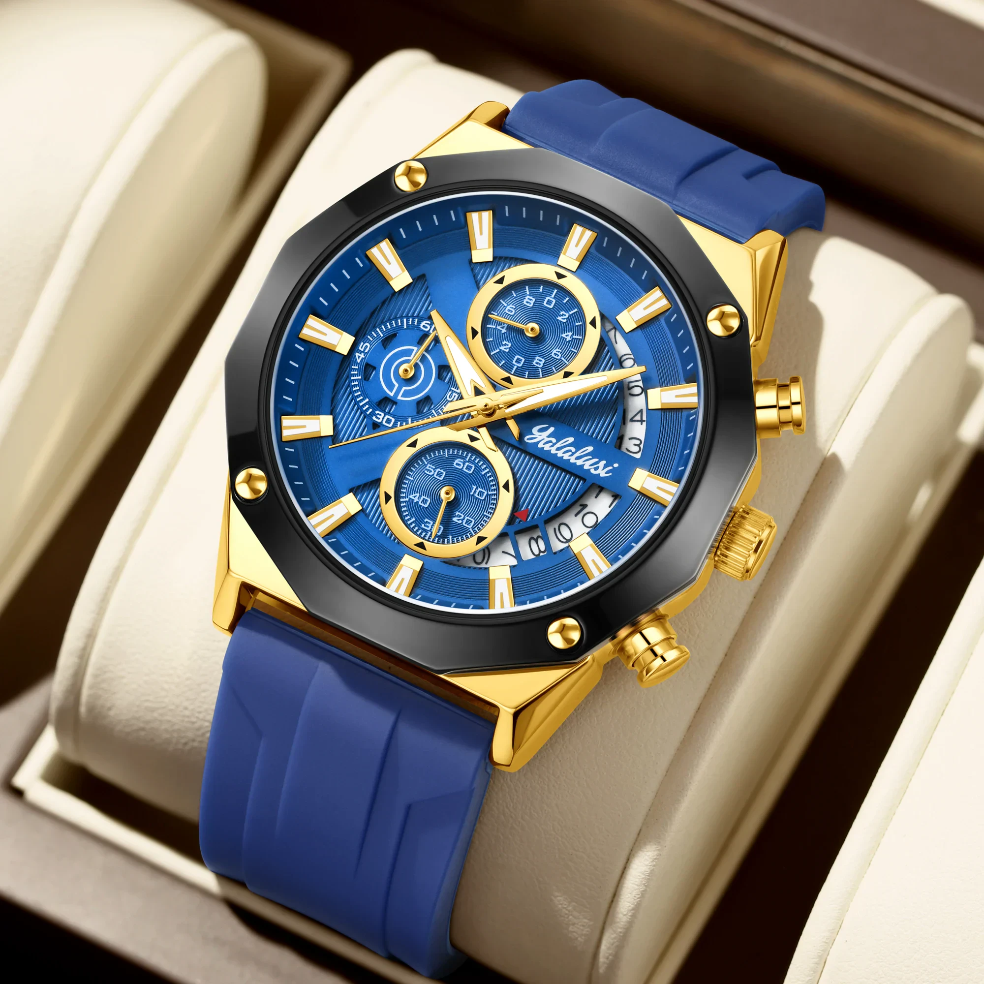 Men’s blue chronograph sports watch with gold accents and durable silicone strap.