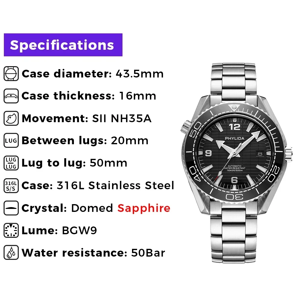 Men's 43.5mm Automatic Diver Watch with Black Dial and Sapphire Crystal.