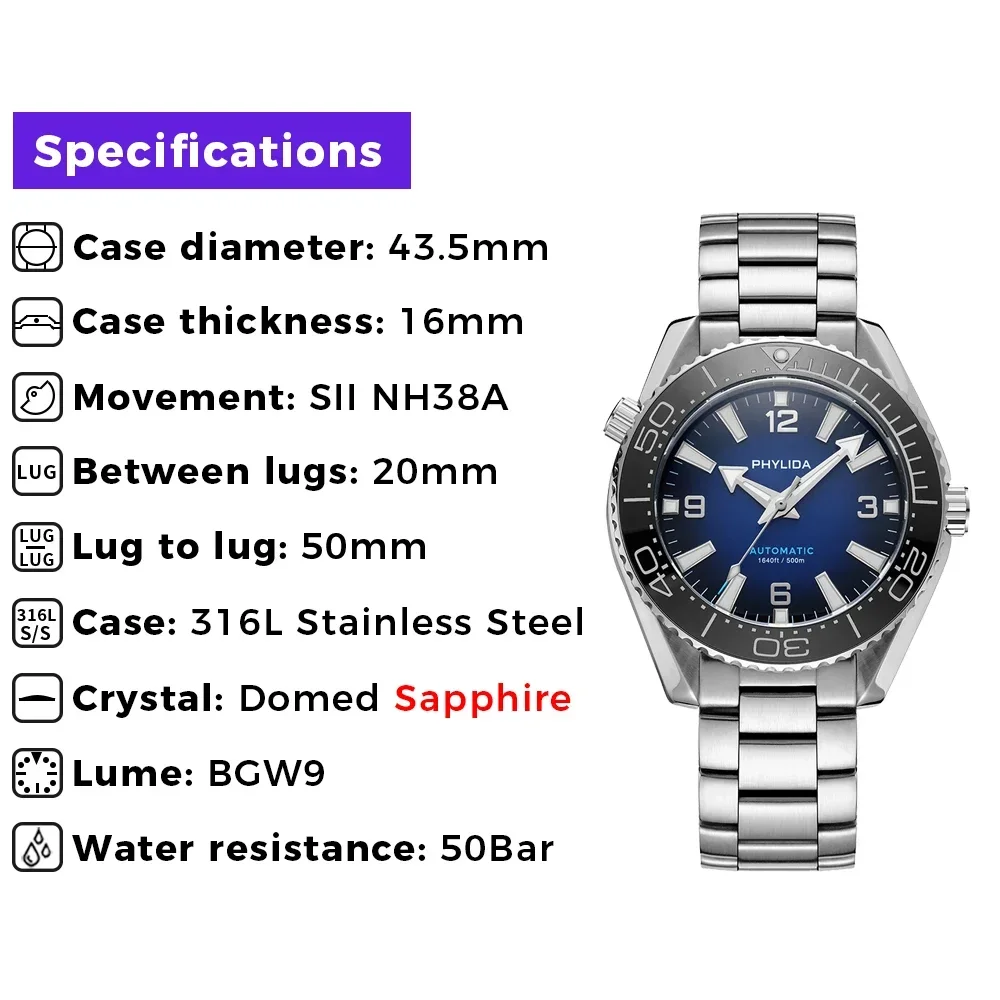 Blue men's diver watch with sapphire crystal and NH38A movement.