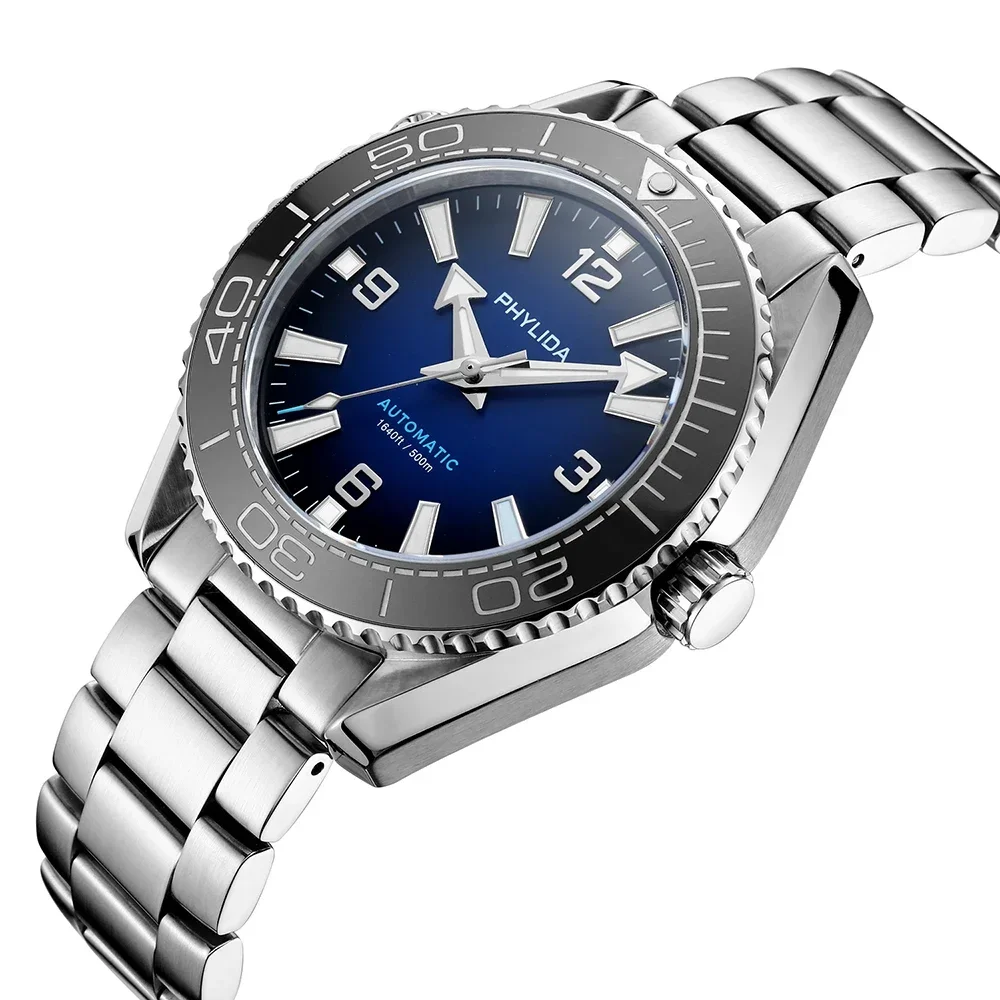 Blue men's diver watch with sapphire crystal and NH38A movement, 43.5mm case, no-date black bezel.