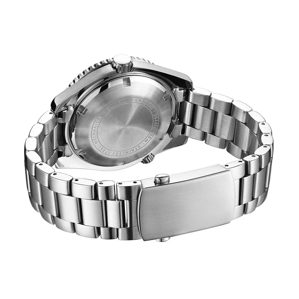 Men's blue dive watch with stainless steel band and sapphire crystal.