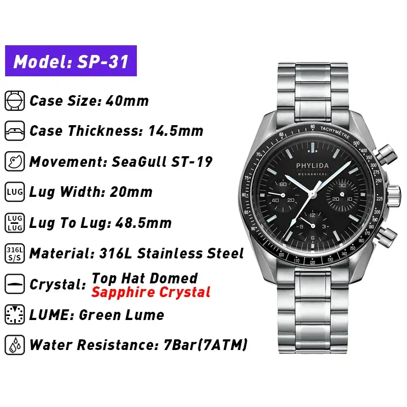 Men's black dial stainless steel wristwatch with chronograph features.