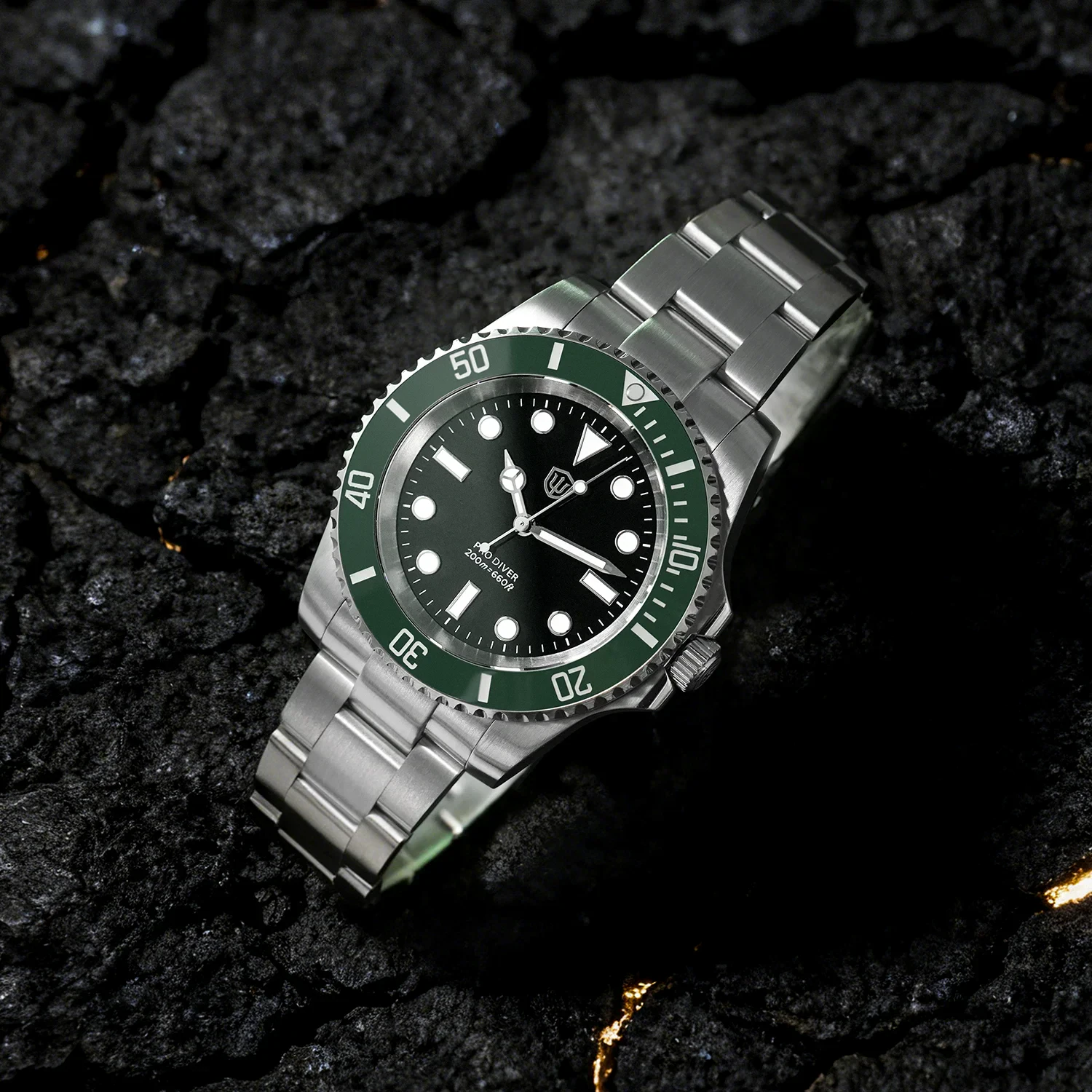 Elegant men's dive watch with ceramic bezel and sapphire crystal, 200M waterproof, perfect for activ.