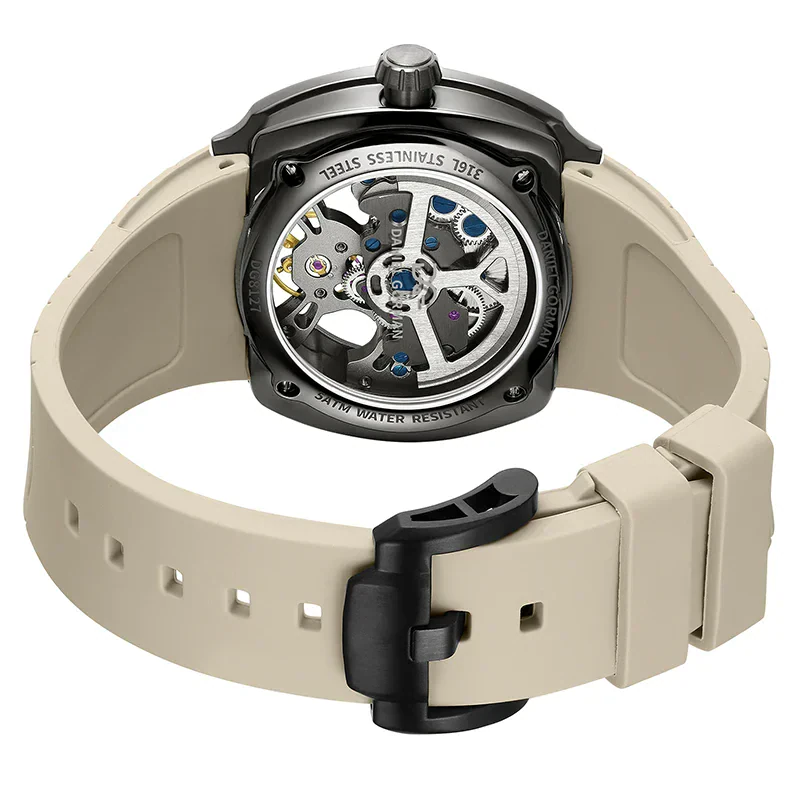Automatic mechanical watch showcasing a transparent case back and intricate movement.