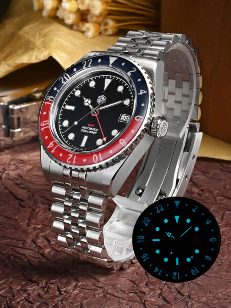 GMT Diver's Watch with Sapphire Bezel and 5-Link Bracelet.