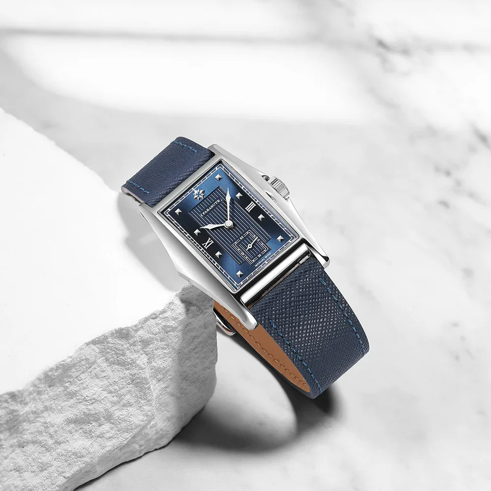Elegant men's square mechanical wristwatch with sapphire glass.