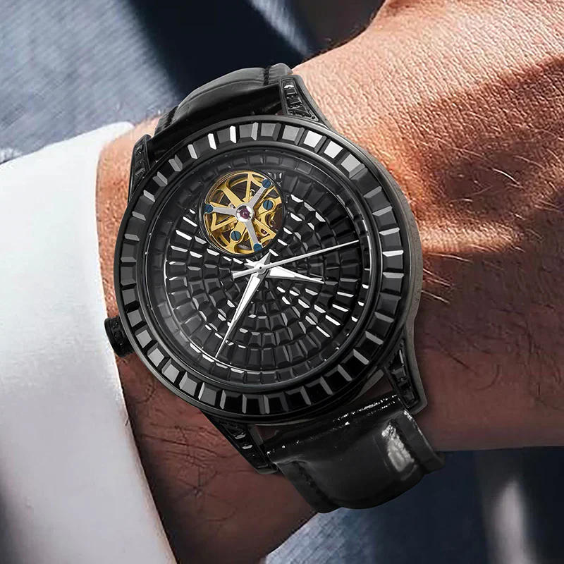 Luxury men's mechanical watch with diamond face and glowing details.