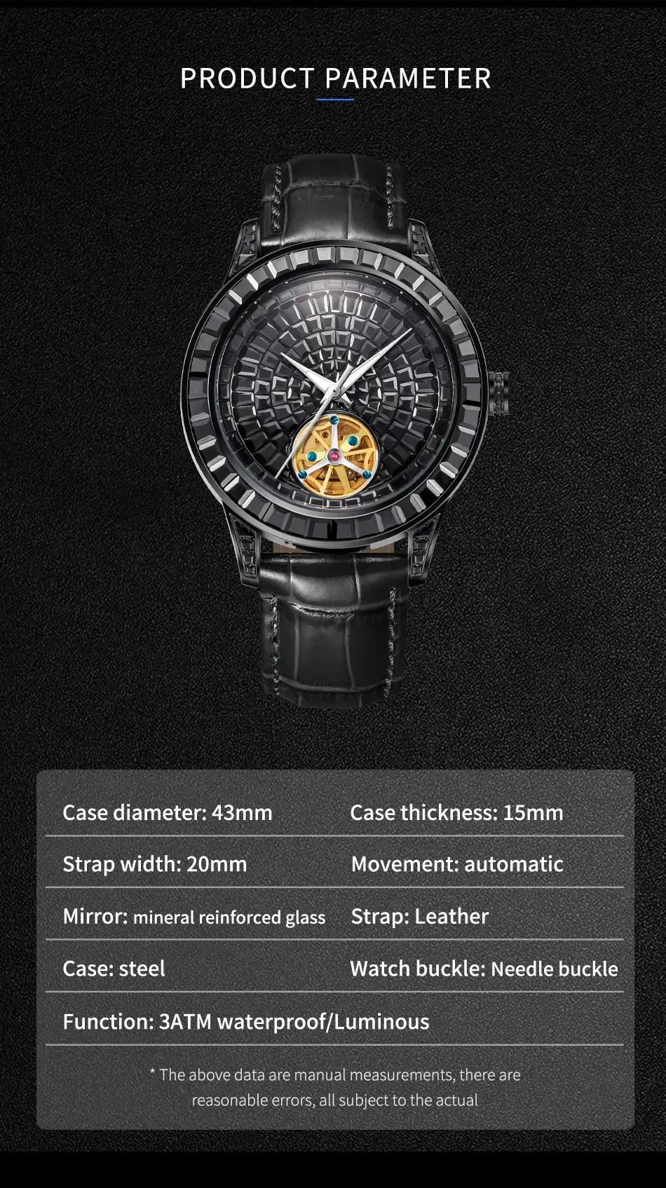 Luxury men's mechanical watch with diamond face and tourbillon.