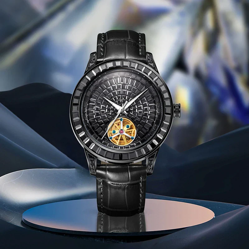 Elegant men's tourbillon watch featuring a diamond face and glowing mechanical movement. Perfect for.