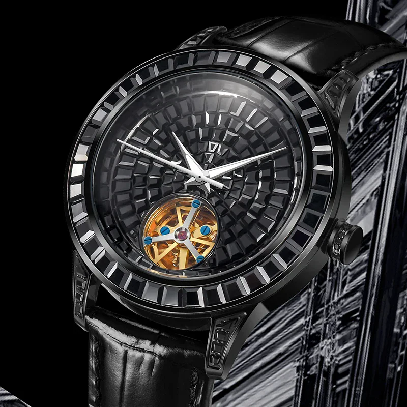 Luxurious men's mechanical watch with diamond face and glowing tourbillon design.