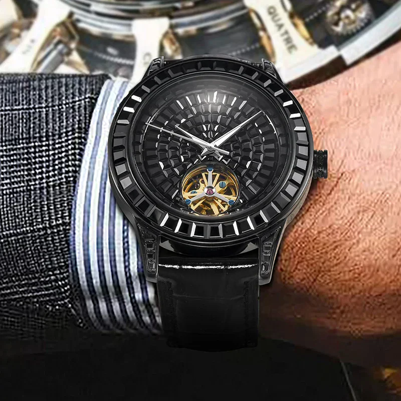 Luxurious men's mechanical watch with diamond face and glowing features.
