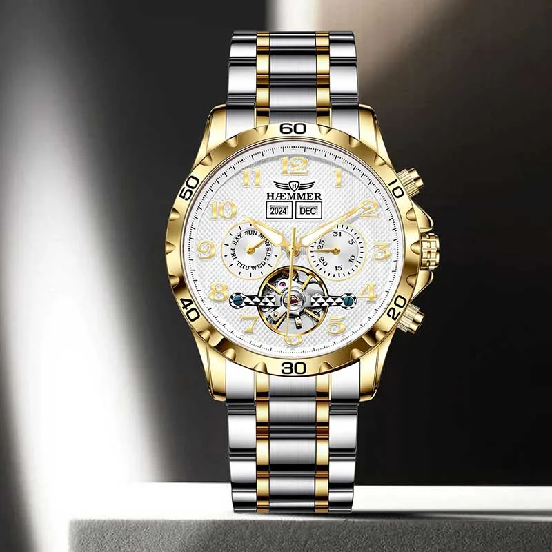 Luxury men's automatic mechanical watch with stainless steel band and gold accents.