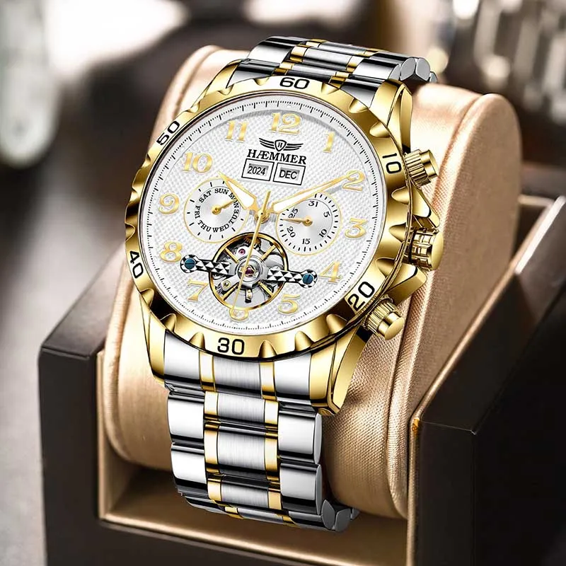 Luxury men's automatic multifunction watch with stainless steel band.