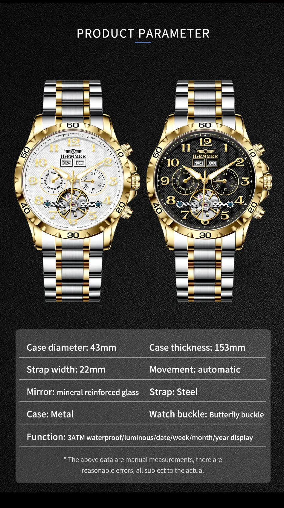 Elegant men's stainless steel waterproof watch with gold and silver finish.