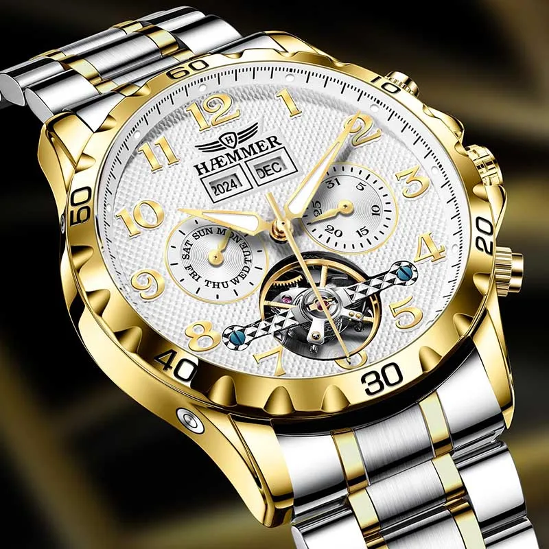 Luxury men's automatic watch with gold and silver stainless steel band, multifunction dial.