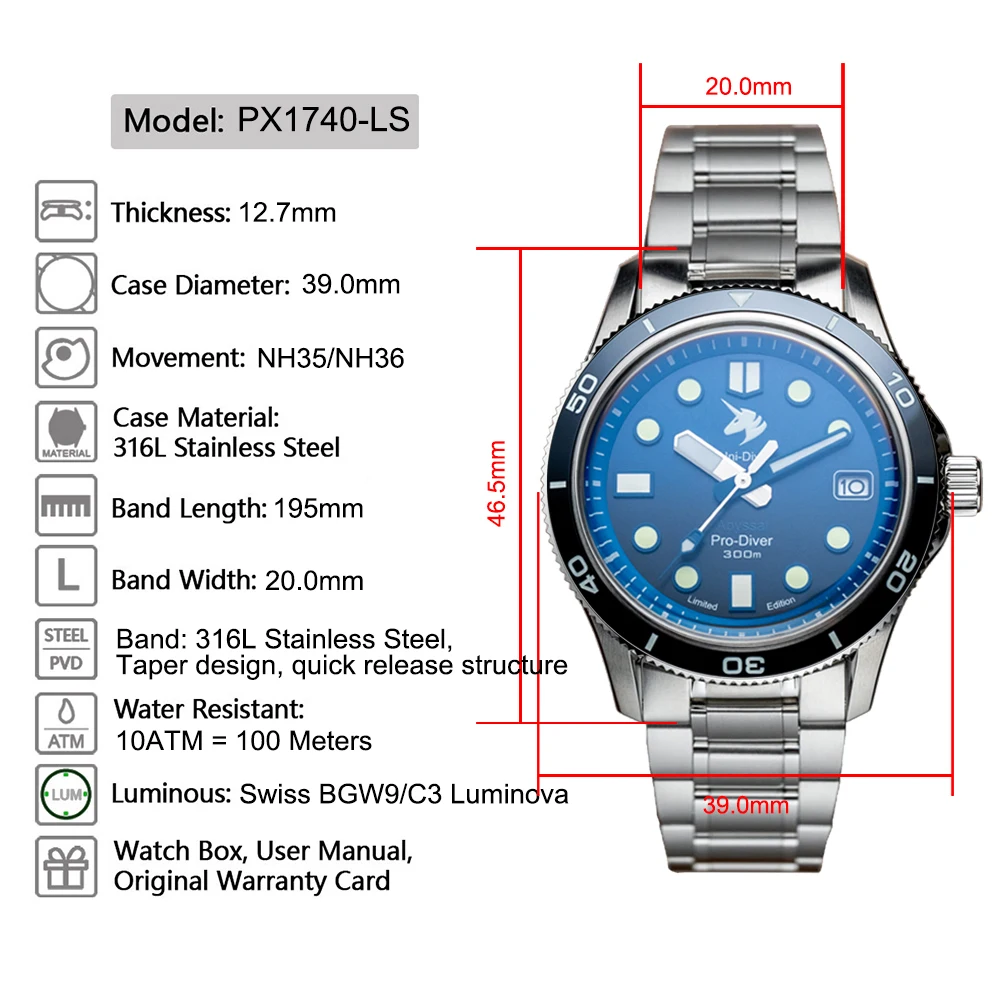 Men’s 39mm Diving Watch with Sunburst Dial and Sapphire Crystal.