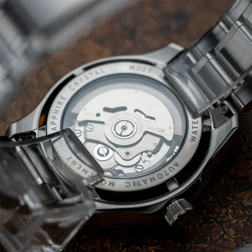 Men's mechanical sport watch with sapphire crystal and 100M water resistance.