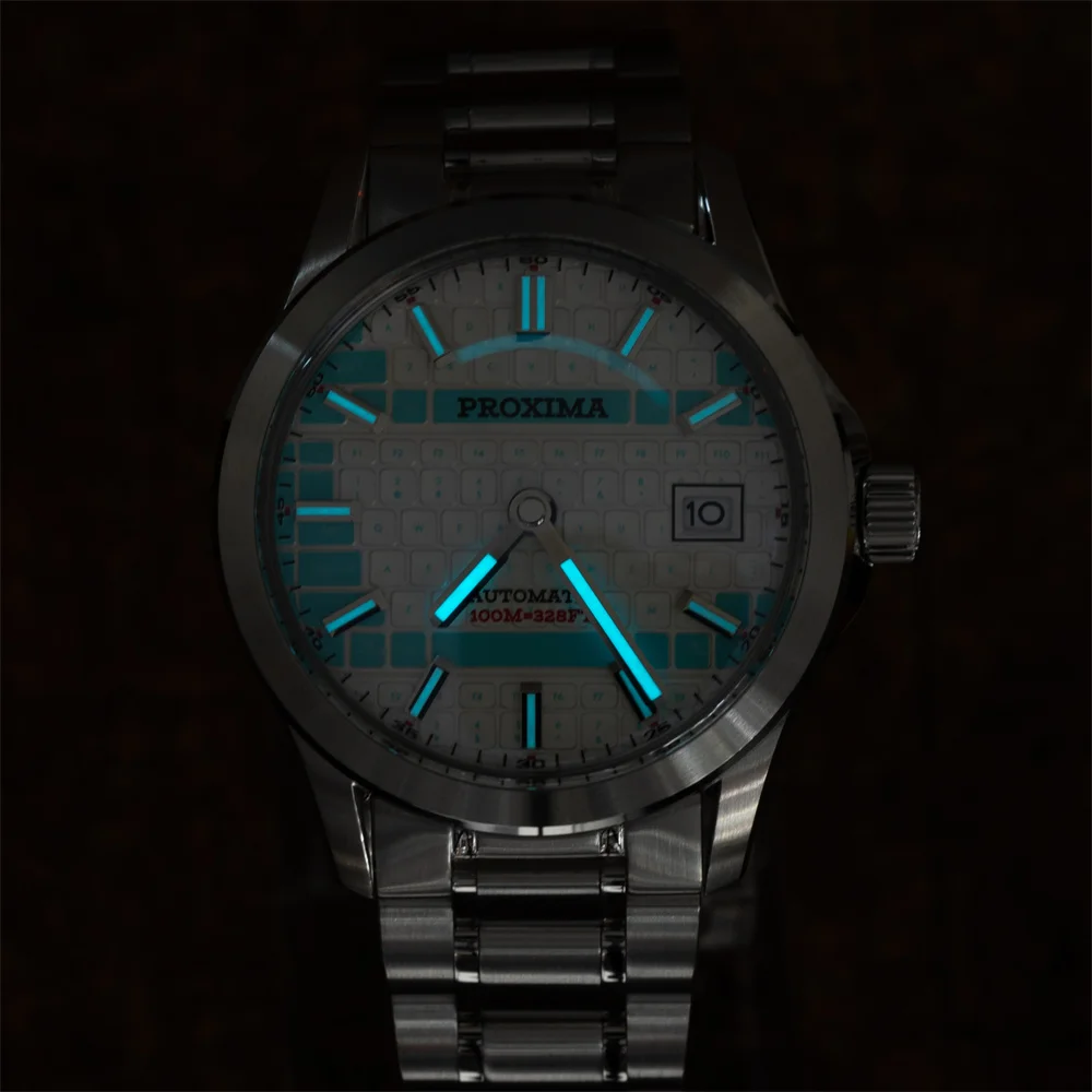 Automatic men's dress watch with luminous hands and markers, sapphire crystal, waterproof 100m, and.