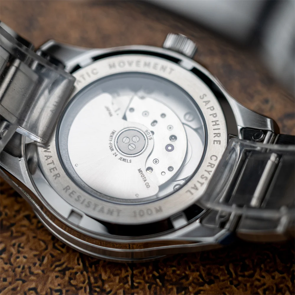 Automatic men's watch showcasing a stunning aventurine dial and sapphire crystal. 100M waterproof, p.