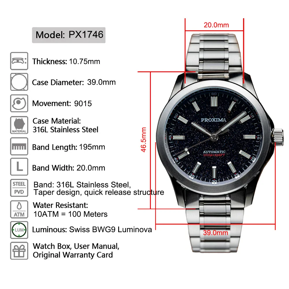 Men's Mechanical Watch with Aventurine Dial, 100M Waterproof, Sapphire Glass, Automatic Movement.