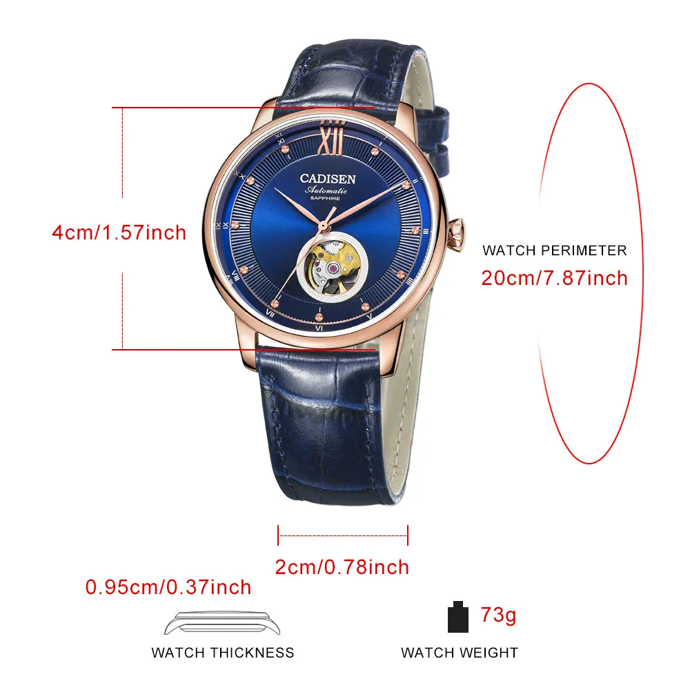 Elegant men's automatic wristwatch with sapphire glass and leather strap.