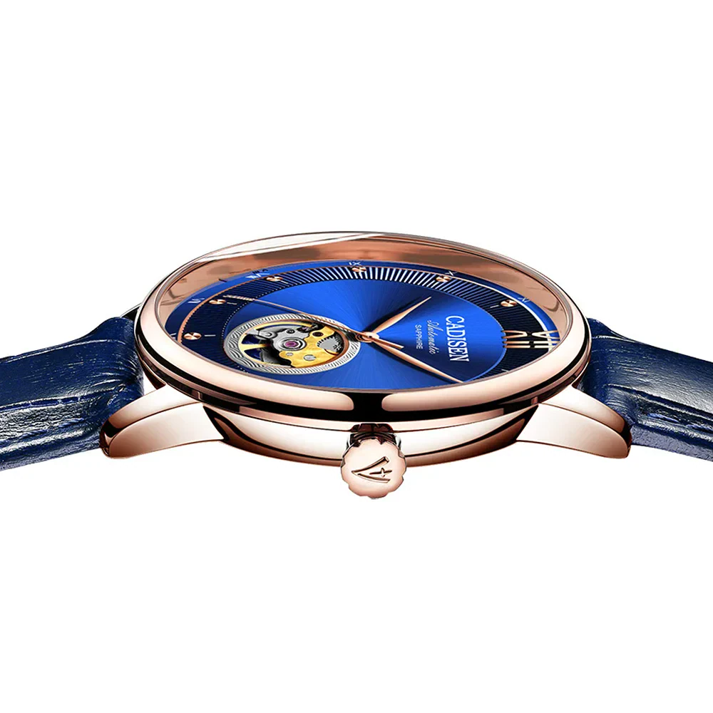 Elegant men's automatic wristwatch with sapphire crystal and leather strap.