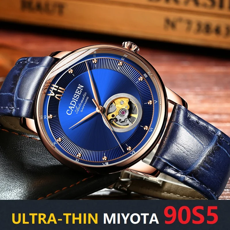 Elegant men's automatic wristwatch with blue dial and leather strap.