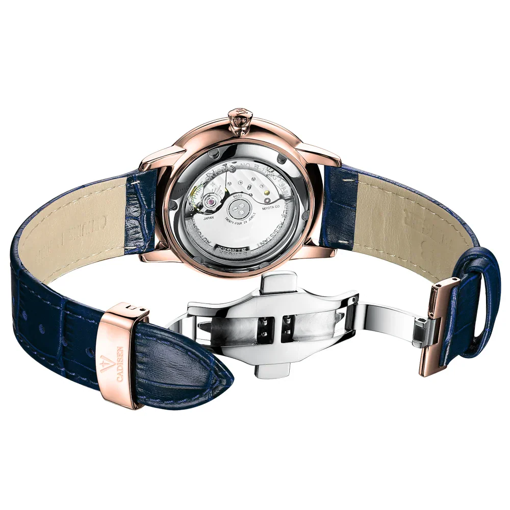 Elegant men's automatic wristwatch with sapphire crystal and leather strap.