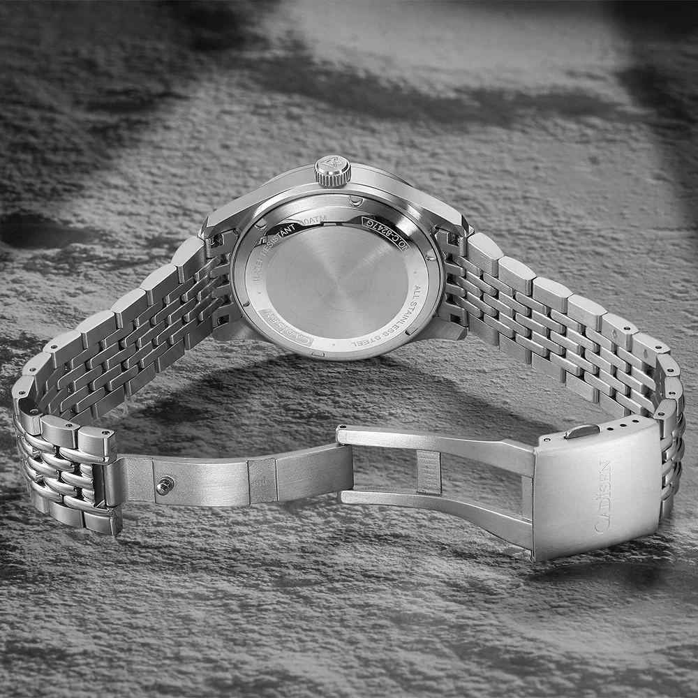 Silver men's automatic mechanical watch with stainless steel band.