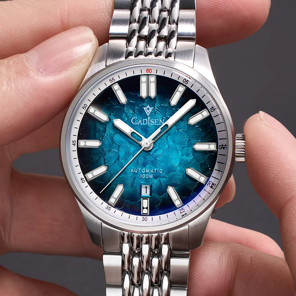 Stylish Cadisen 2026 automatic men's watch with blue dial and stainless steel bracelet.