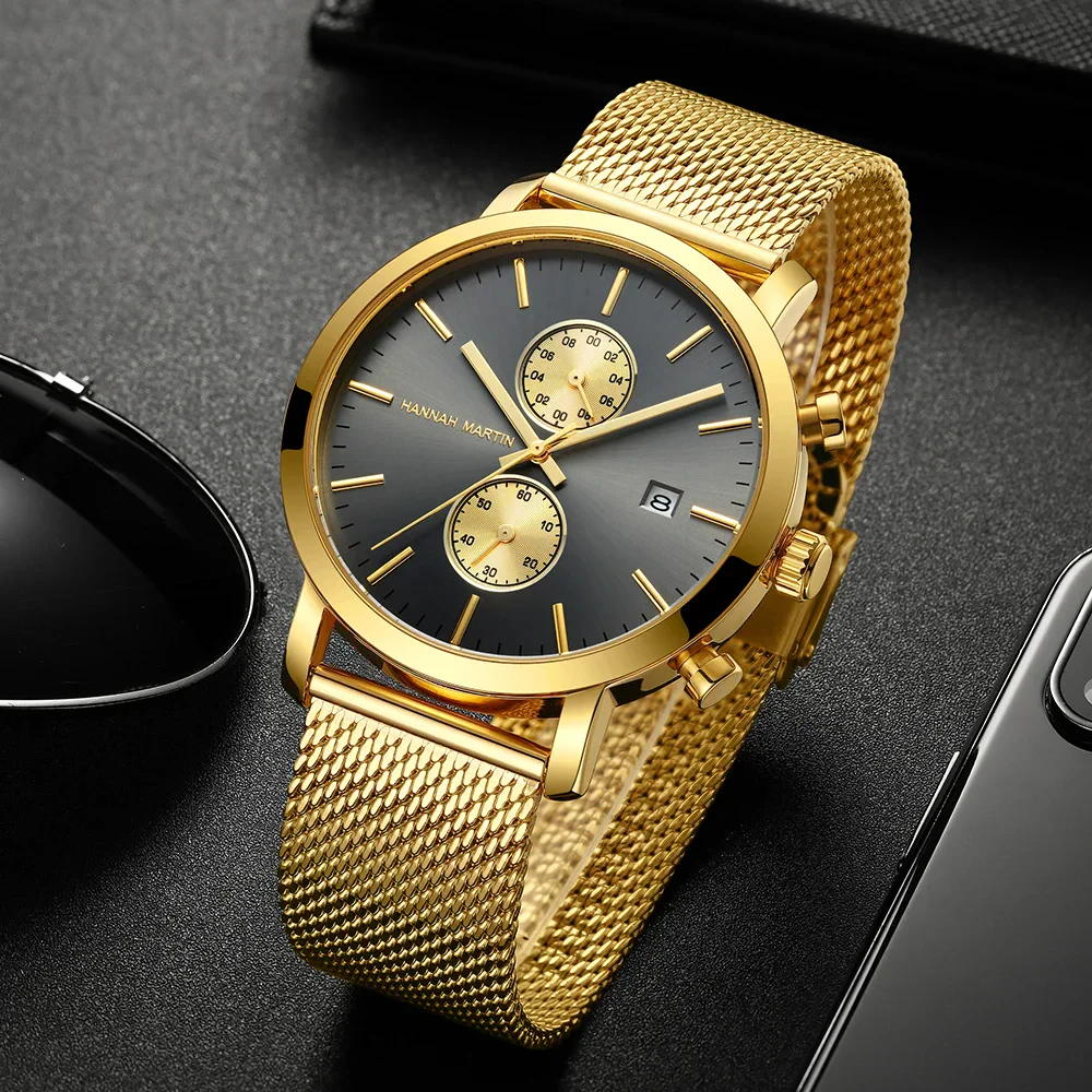 Gold men's watch with black dial and chronograph features.