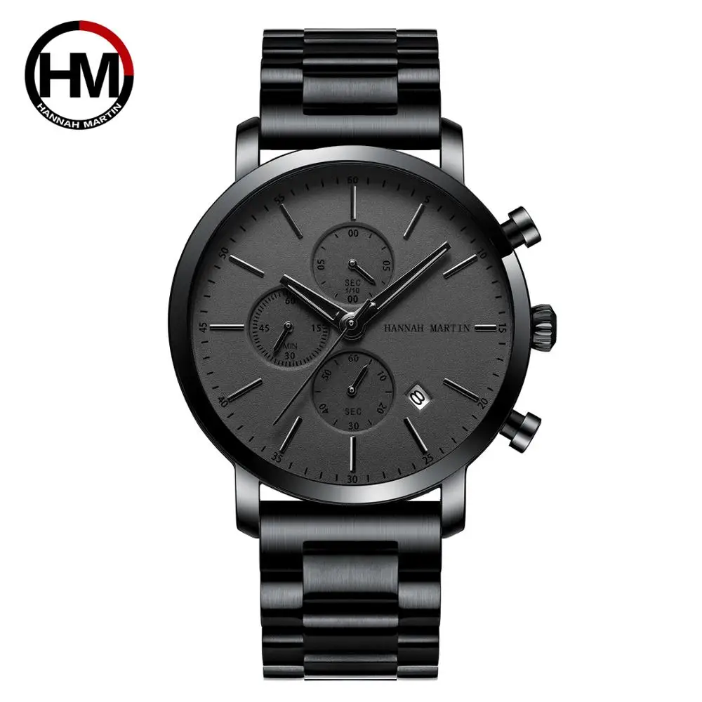 Elegant black men's watch with chronograph features and date display.