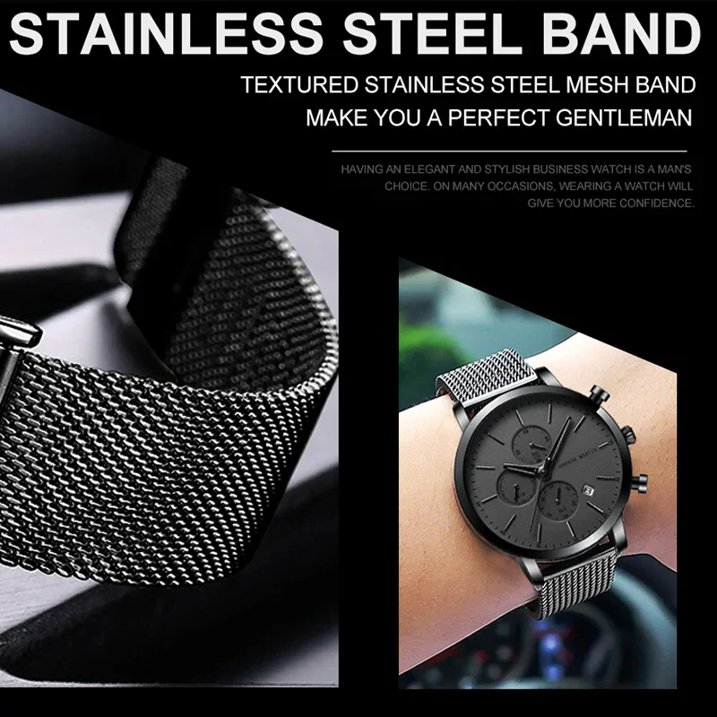 Stainless steel mesh band for men's watch, stylish and durable accessory.