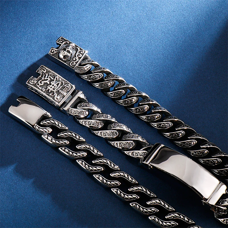 Stainless steel men's skull bracelets with intricate design. Perfect for edgy jewelry style.