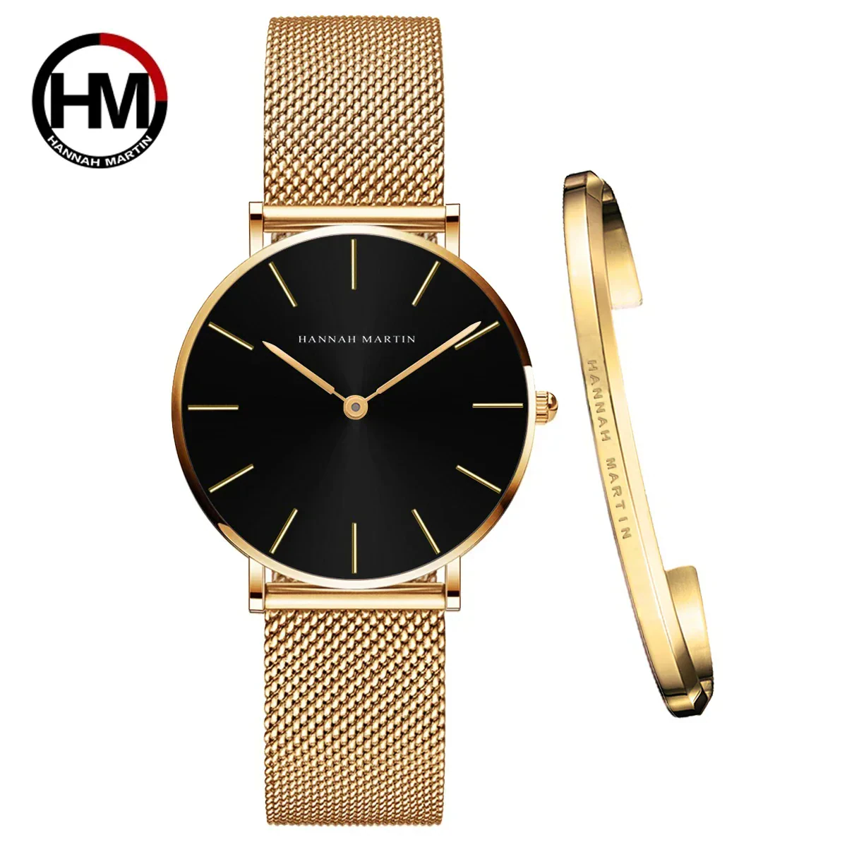Elegant minimalist watch with gold mesh strap and matching bracelet.