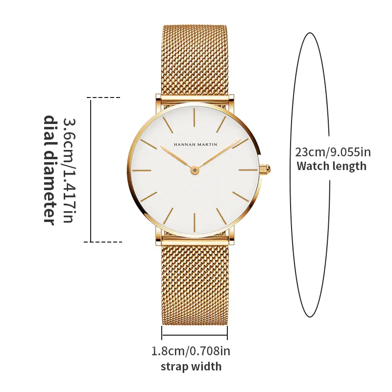 Elegant gold watch with white dial and mesh strap.