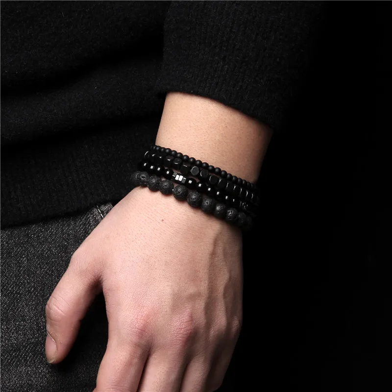 Unisex Black Lava Onyx Beads Bracelet for Men and Women.