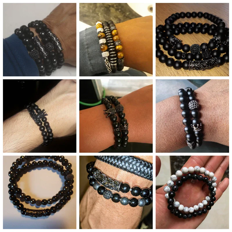 Men's black stone beaded bracelet set with stylish accents.