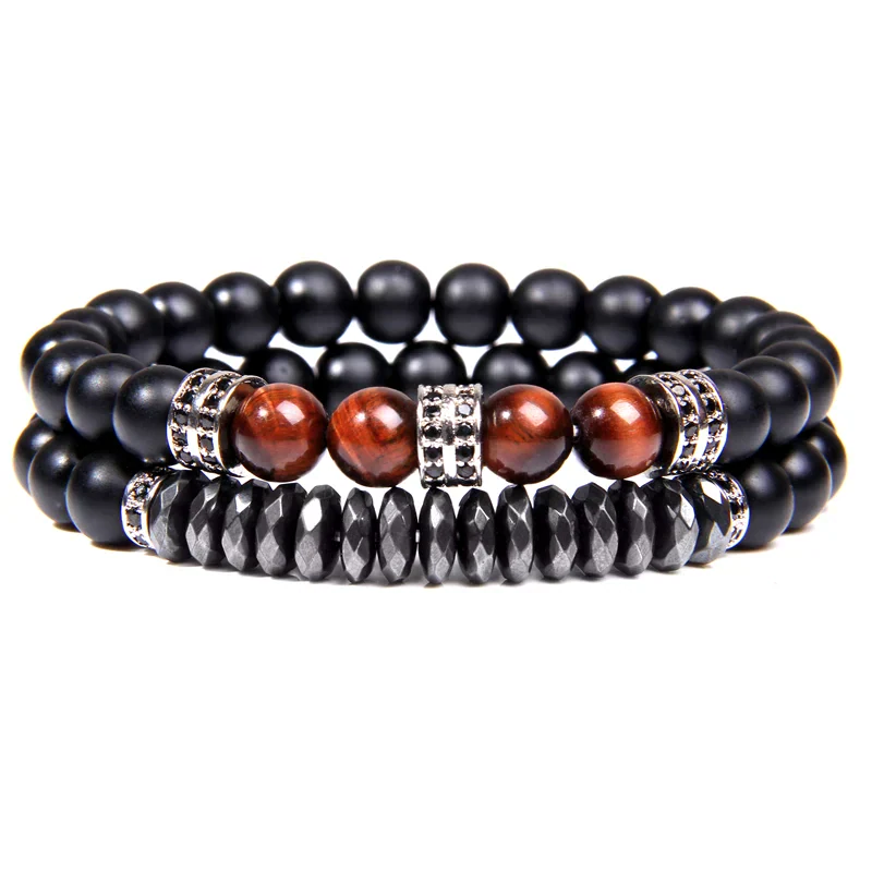 Elegant men's beaded bracelet set with natural stones and metallic accents.