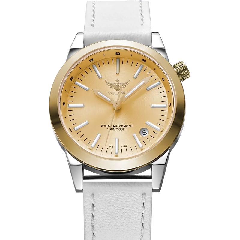 Elegant gold and silver women's wristwatch with white leather strap.