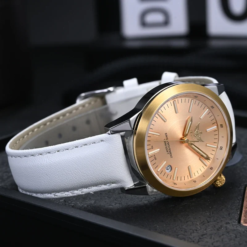 Elegant Yelang V1010SW women's wristwatch with gold-tone dial and white leather strap.