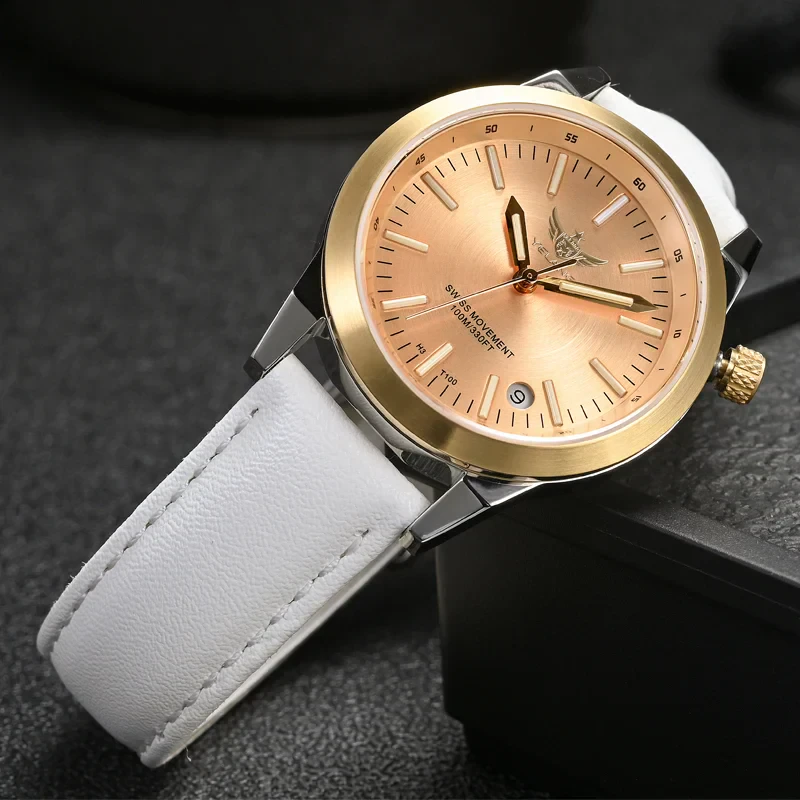 Elegant Yelang V1010SW women's wristwatch with gold-tone dial and white leather strap.