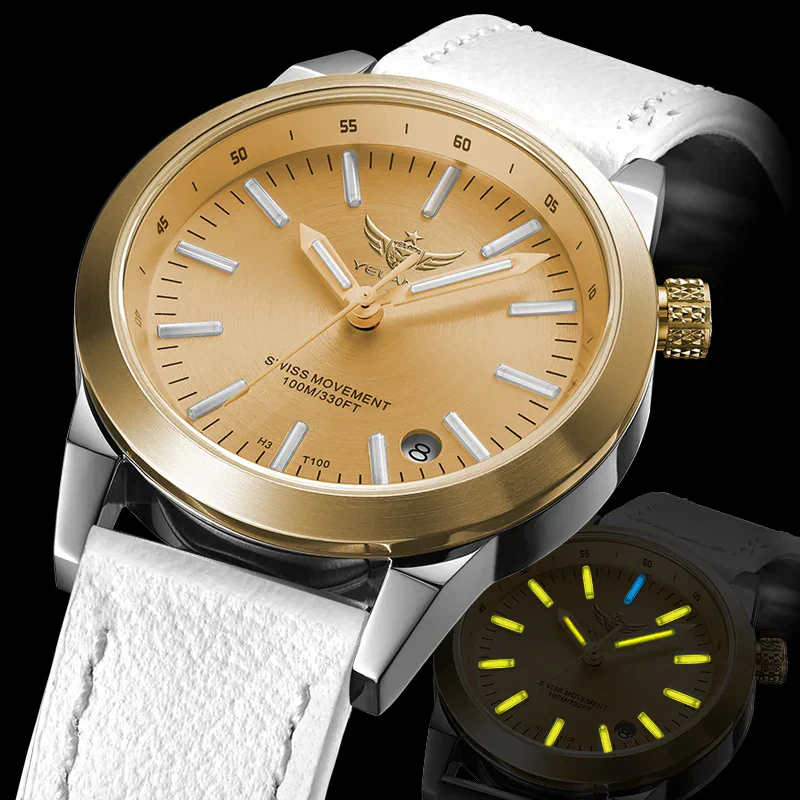 Elegant women's wristwatch with gold-tone dial and white strap.