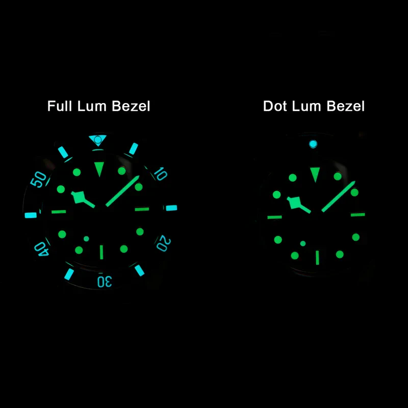 Diver watch with luminous full lum bezel and dot lum bezel for underwater visibility.