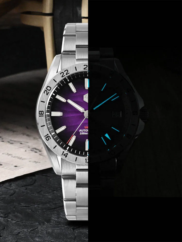 Gradient Desert Dial GMT Watch with stainless steel bracelet and dual time zone feature.