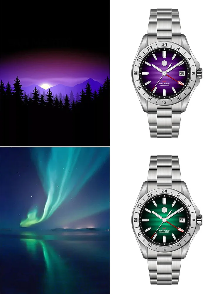 Gradient Desert Dial GMT Watch with stainless steel bracelet and luminous hands.