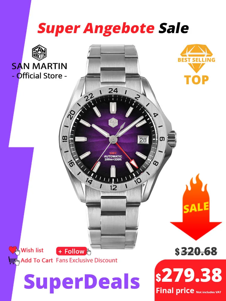 GMT watch with gradient desert dial and stainless steel bracelet.
